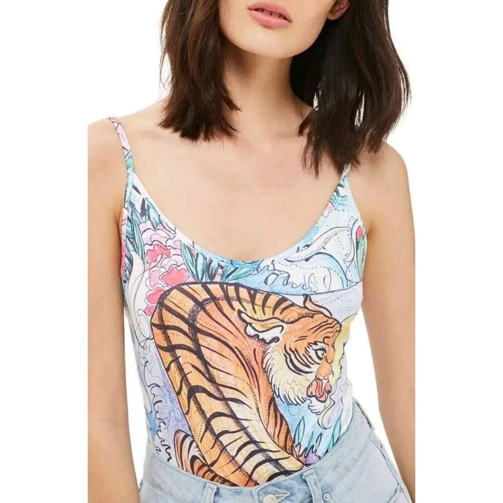 Topshop Bodysuit Women Size 12 Tiger Print Asian Inspired Strappy Colorful